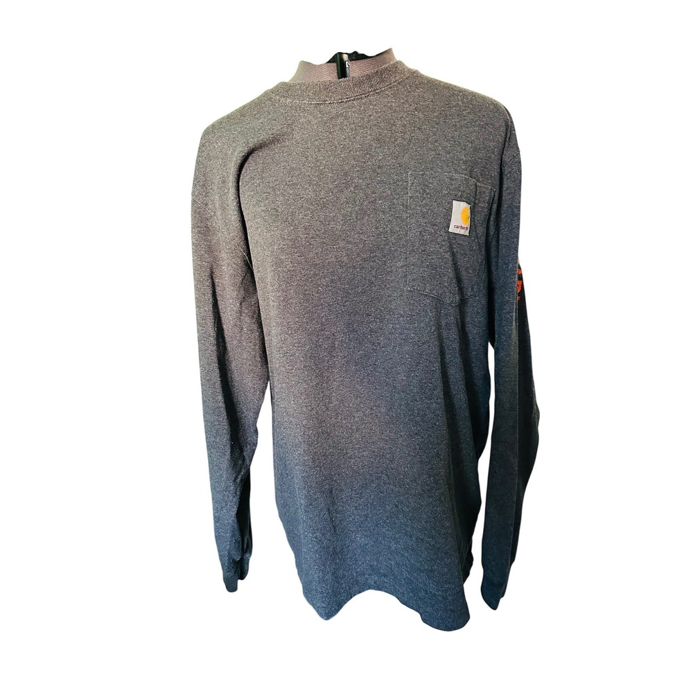 Carhartt Mens Gray Long Sleeve Pocket T Shirt Workwear Established Logo Size S